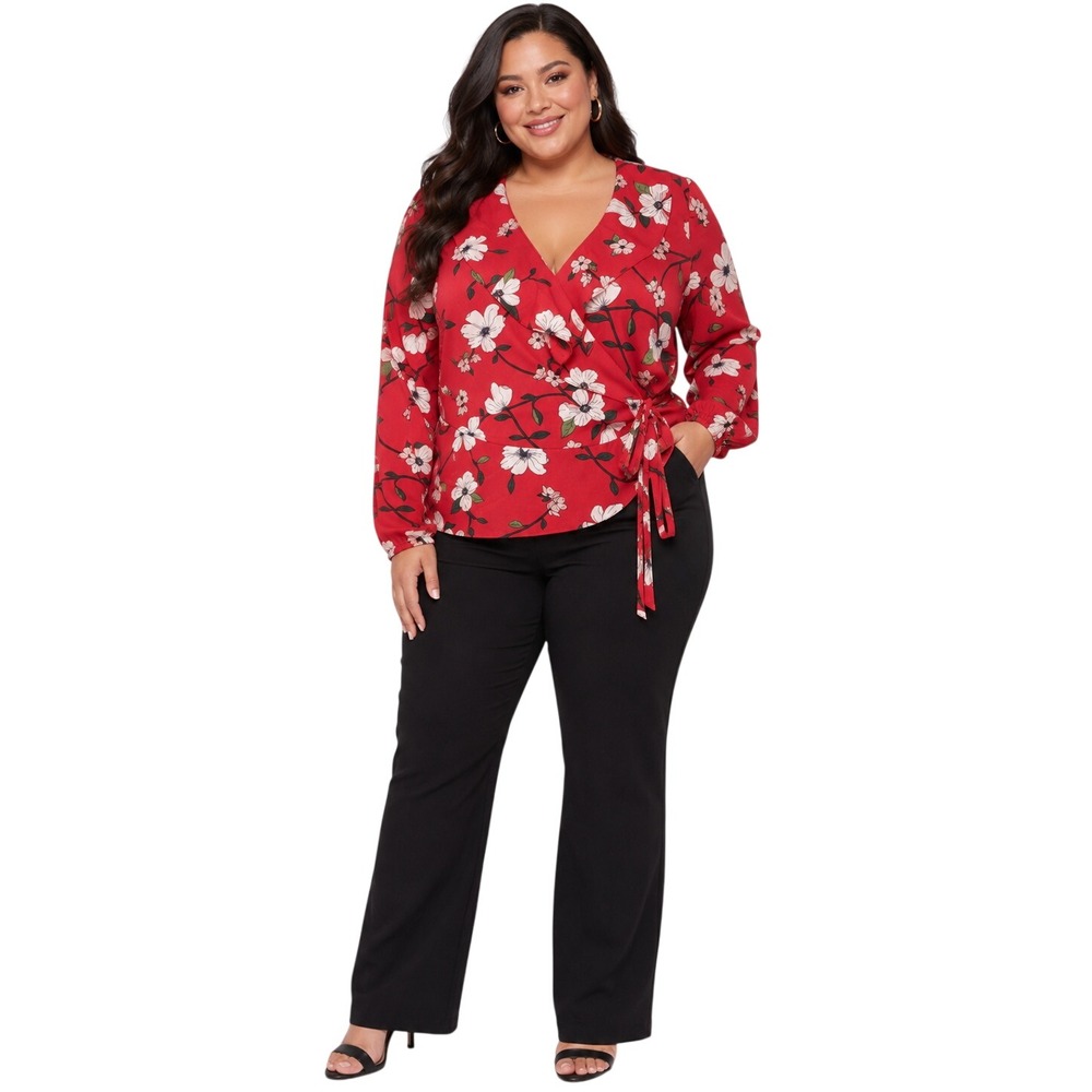 Lydelle Red Floral Wrap Blouse XXL Ruffle V-Neck Long Sleeve Tie Waist Top